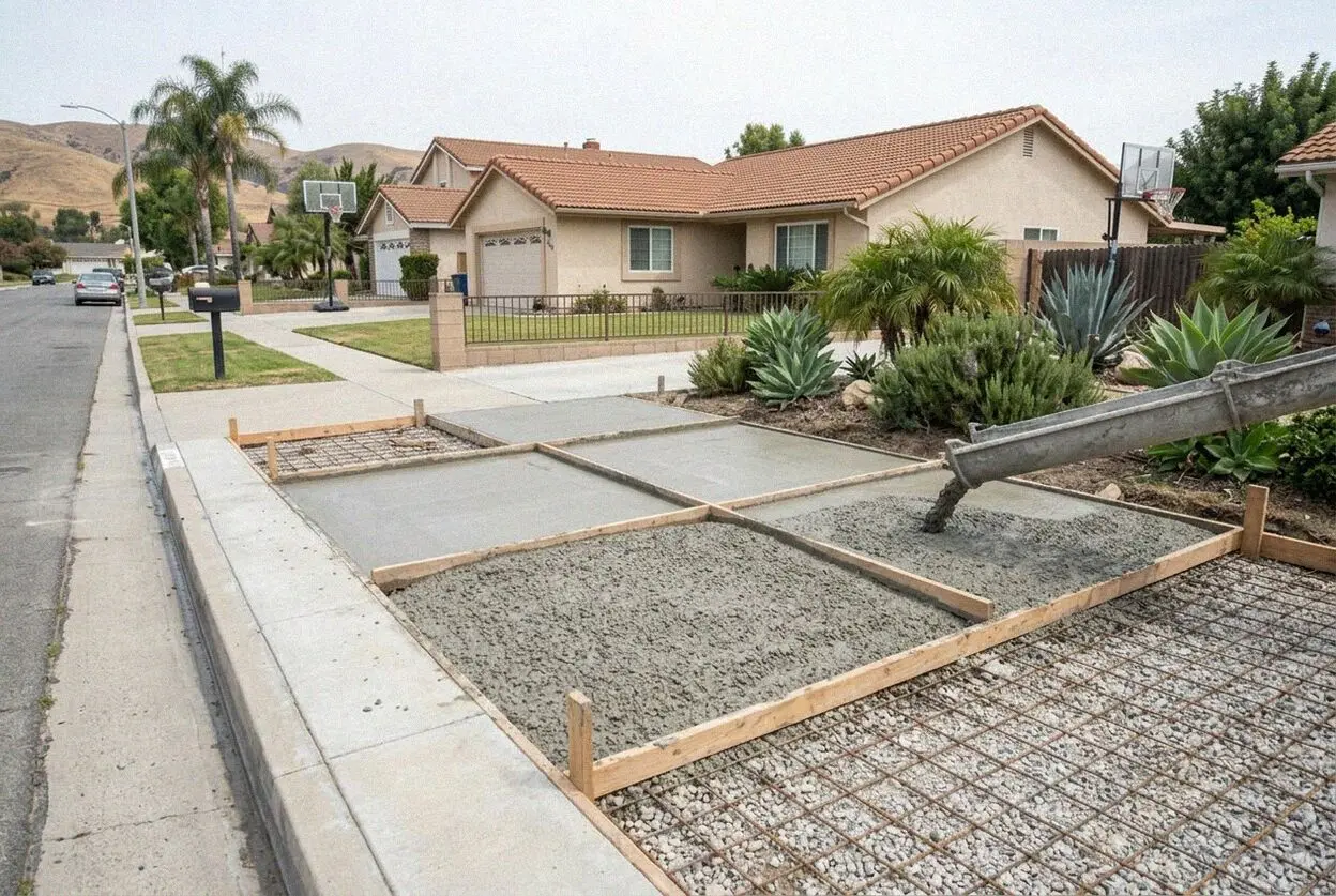 A driveway being poured at a postwar tract house in Brea, CA