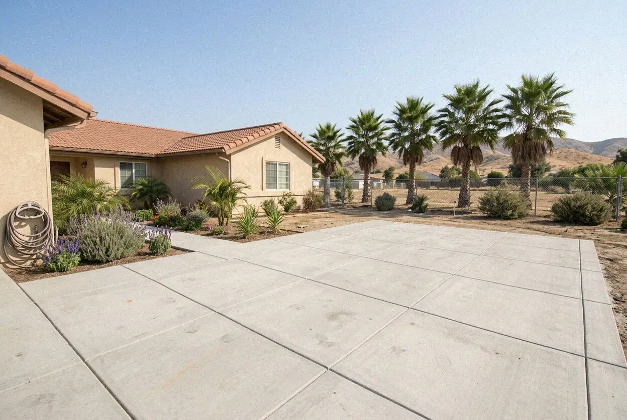A concrete crew finishing a new driveway on a Chino, CA street