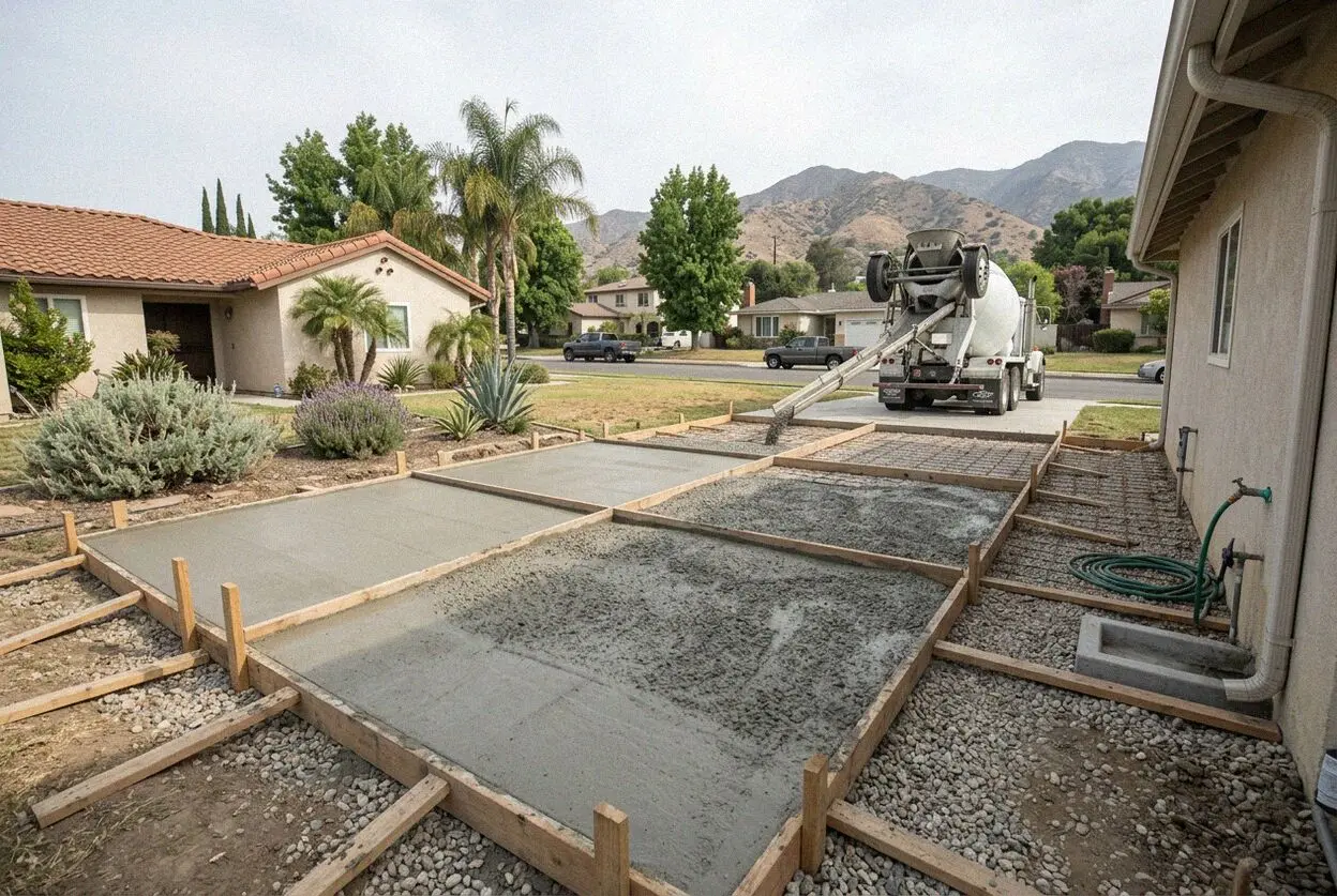 A patio being poured behind a Craftsman house near the Claremont Village