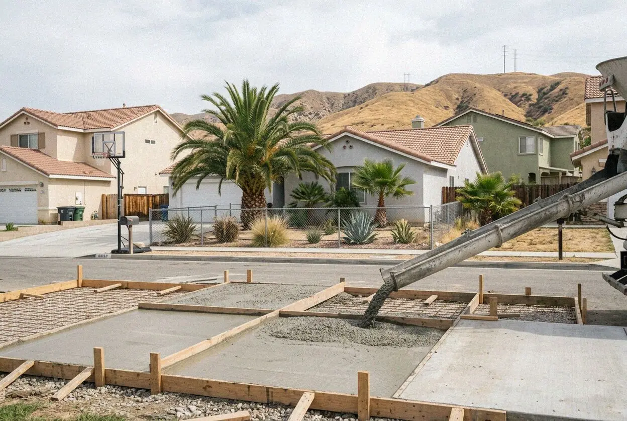 A new concrete driveway at a 1950s house on a Colton side street