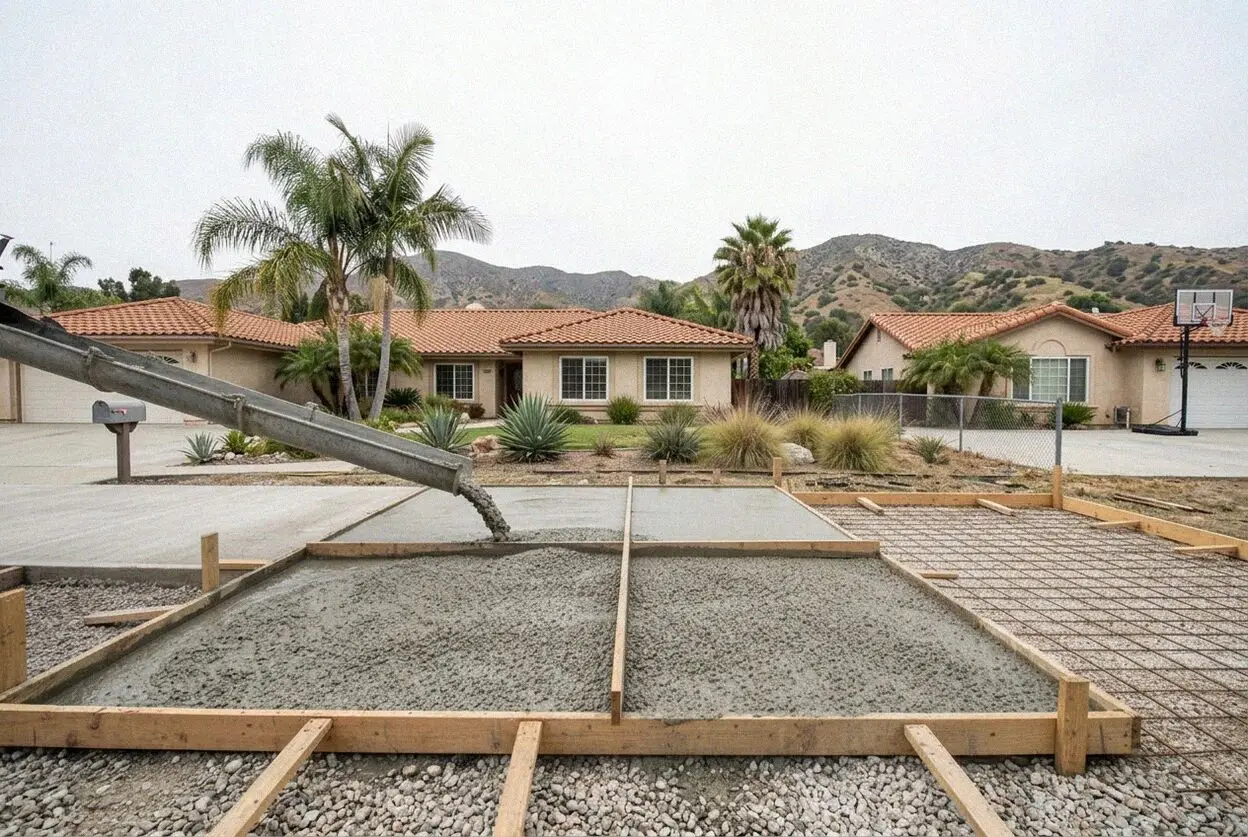 A new concrete patio behind a 1950s ranch house on a Covina street