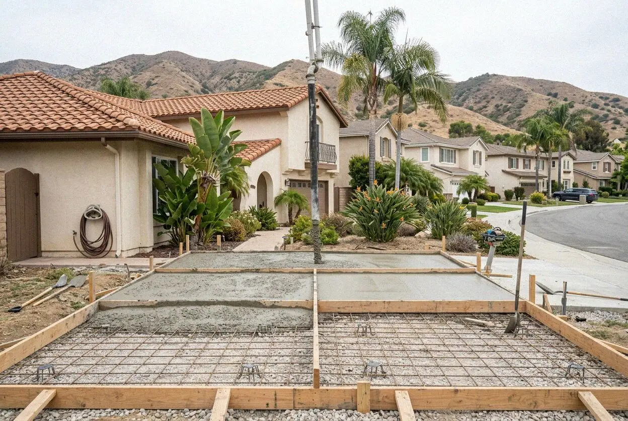 A driveway being replaced at a 1970s hillside house in Diamond Bar