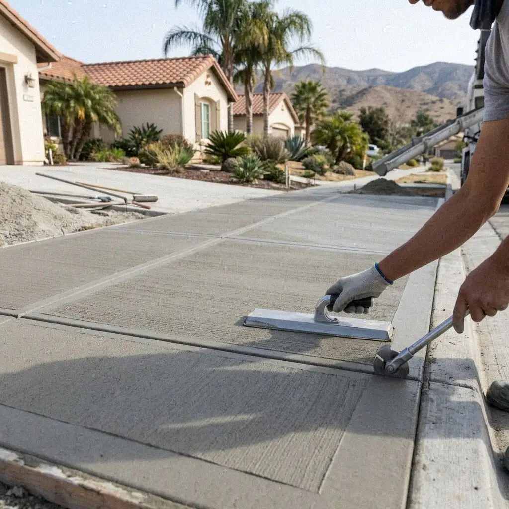 Ontario concrete crew screeding a driveway slab between forms