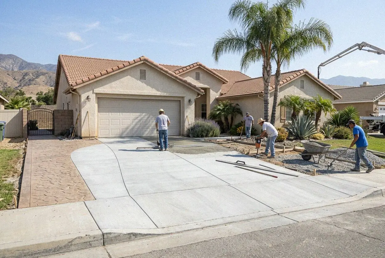 Crew finishing a new concrete driveway at an Ontario, CA home