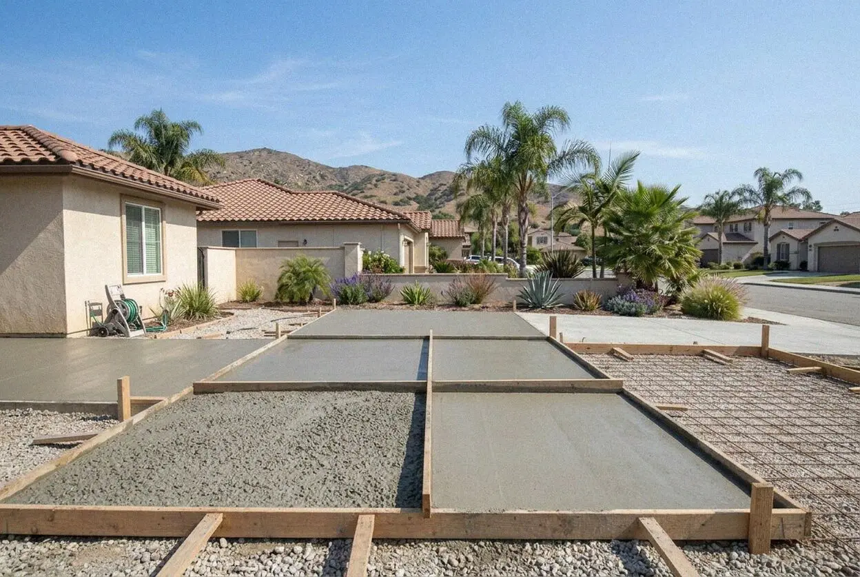 A patio being poured behind a 2000s tract house in Eastvale