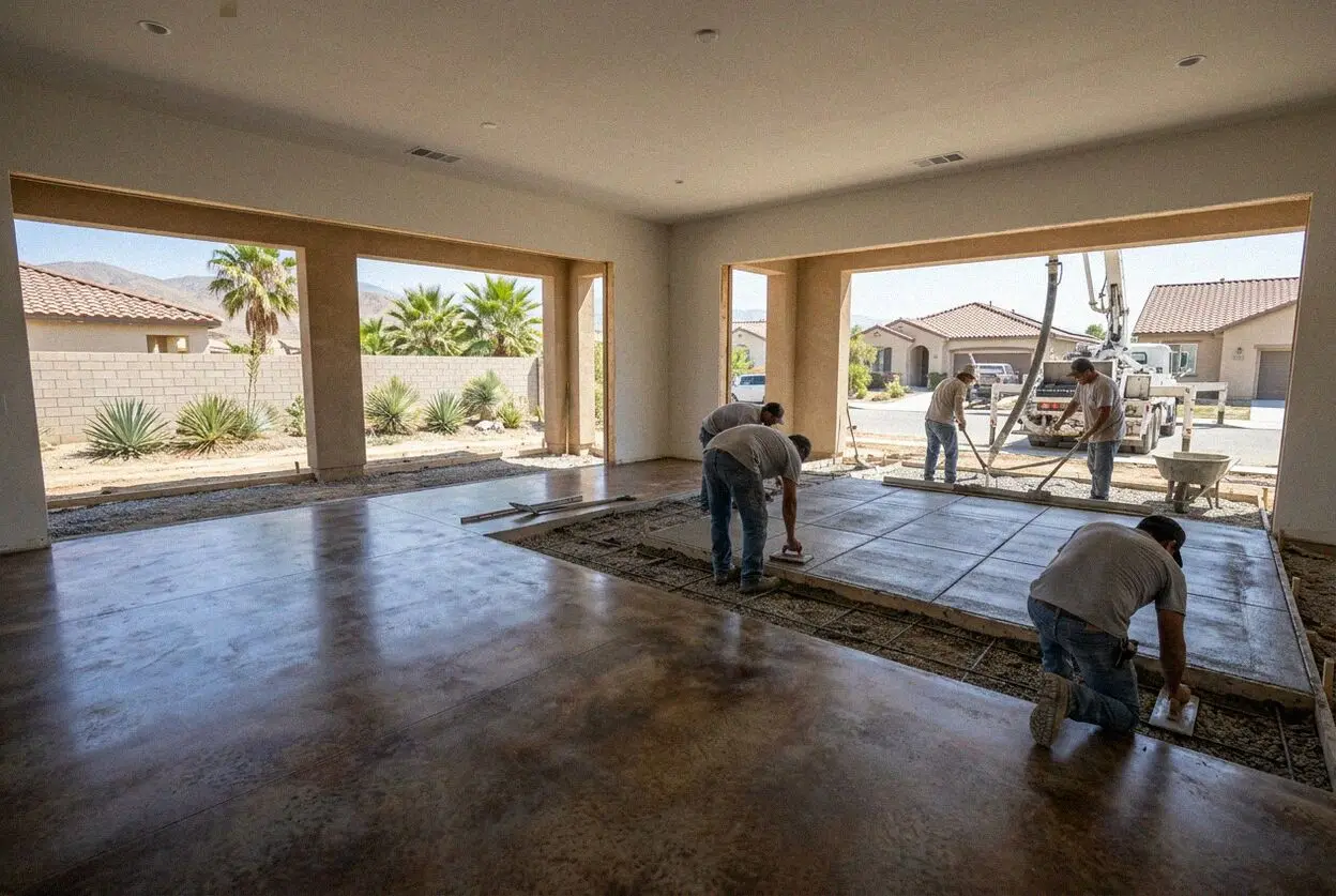 An interior concrete floor being power troweled inside an Ontario shop unit