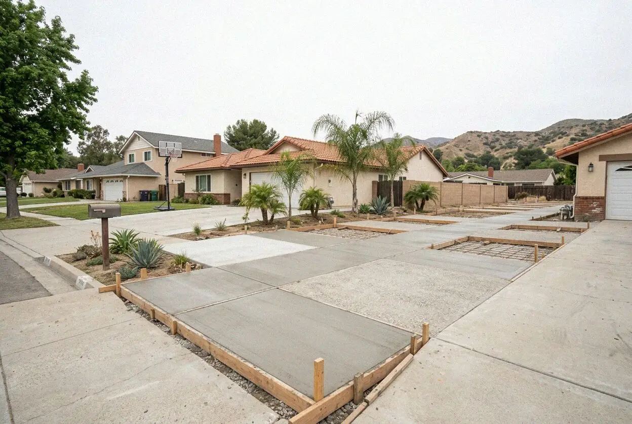 A new concrete driveway at a 1960s ranch house in north Glendora