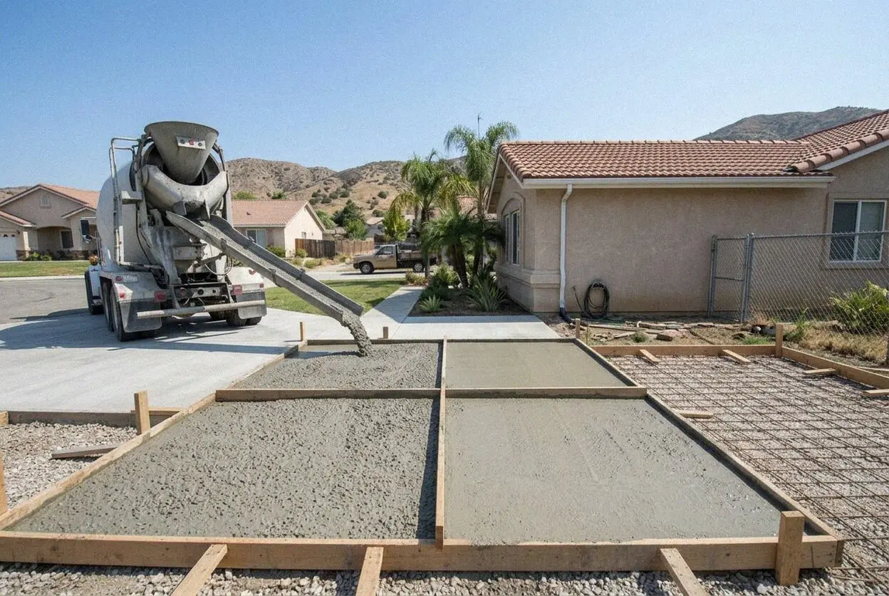 Concrete driveway pour at a 1970s tract home in Grand Terrace