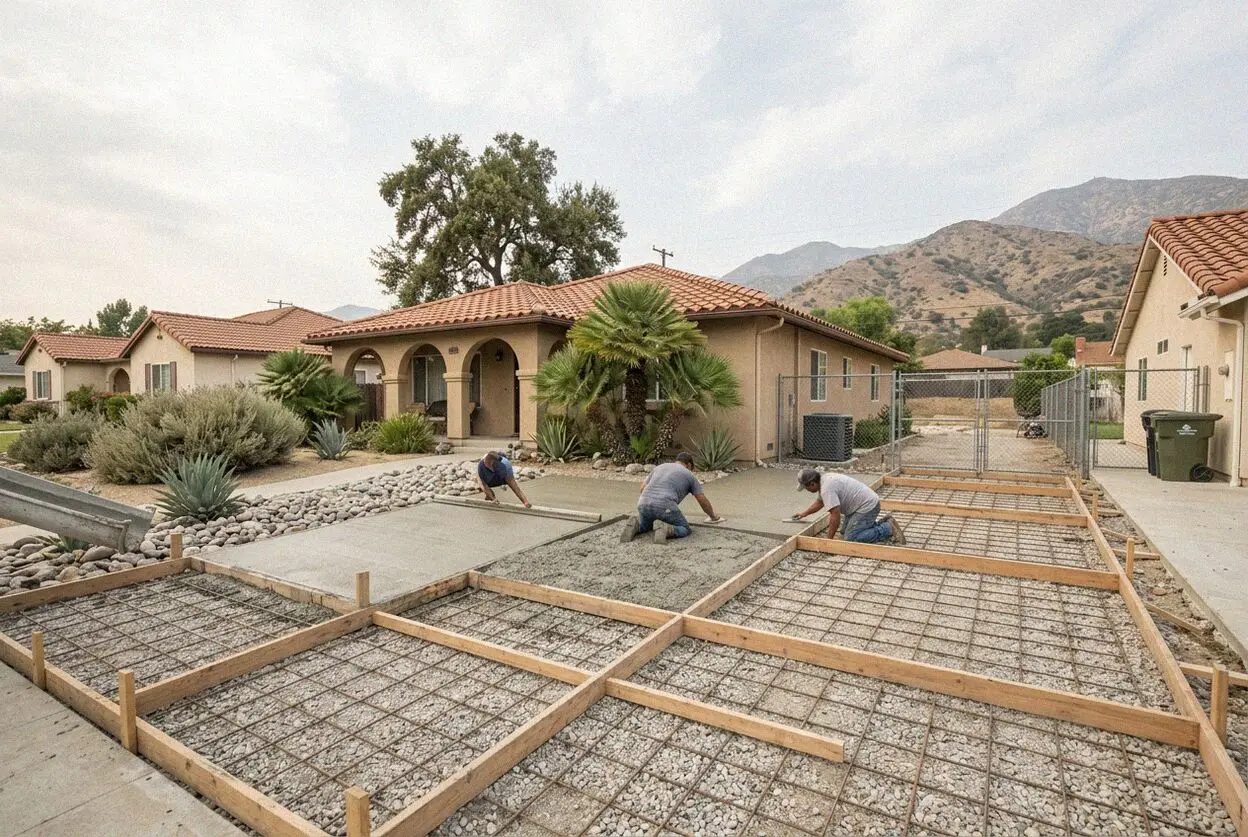 A crew finishing a concrete driveway at a foothill house in La Verne