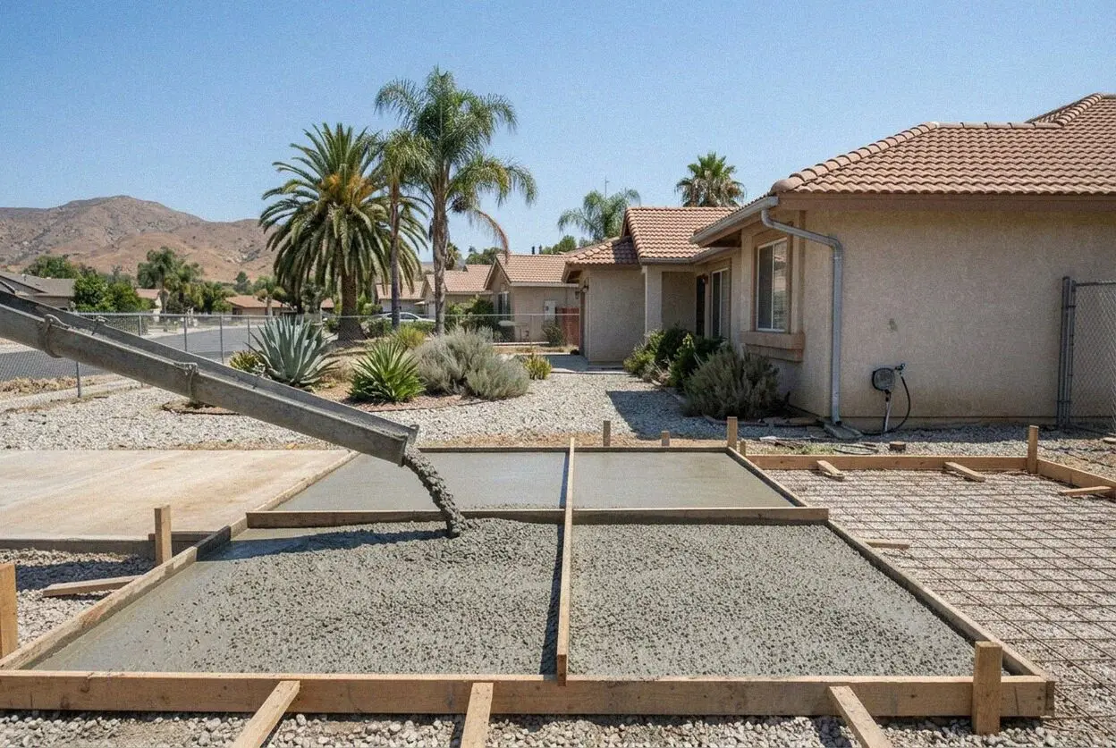 A new concrete driveway beside a corral on a half-acre lot in Norco