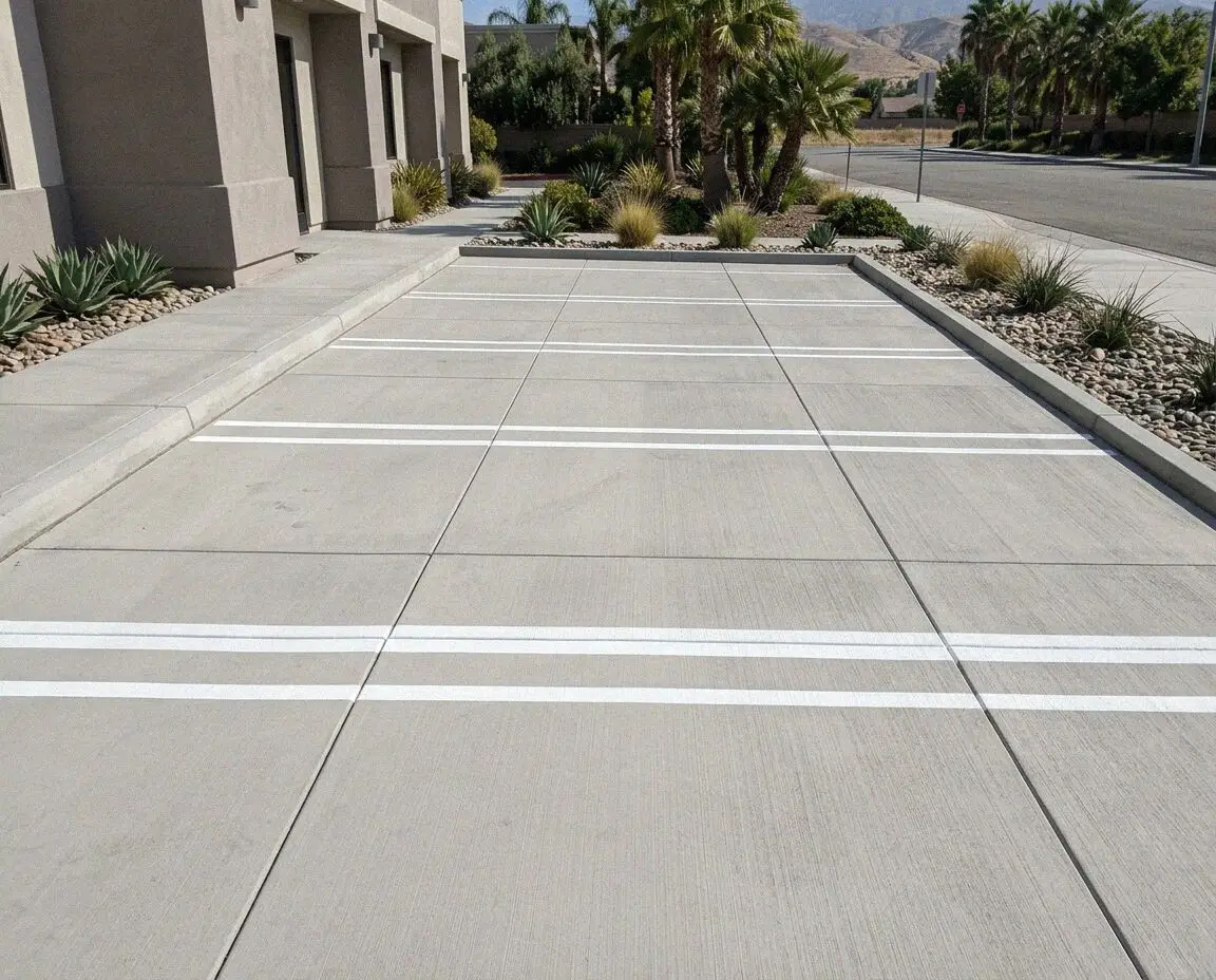 New concrete parking lot and striped stalls at an Ontario warehouse