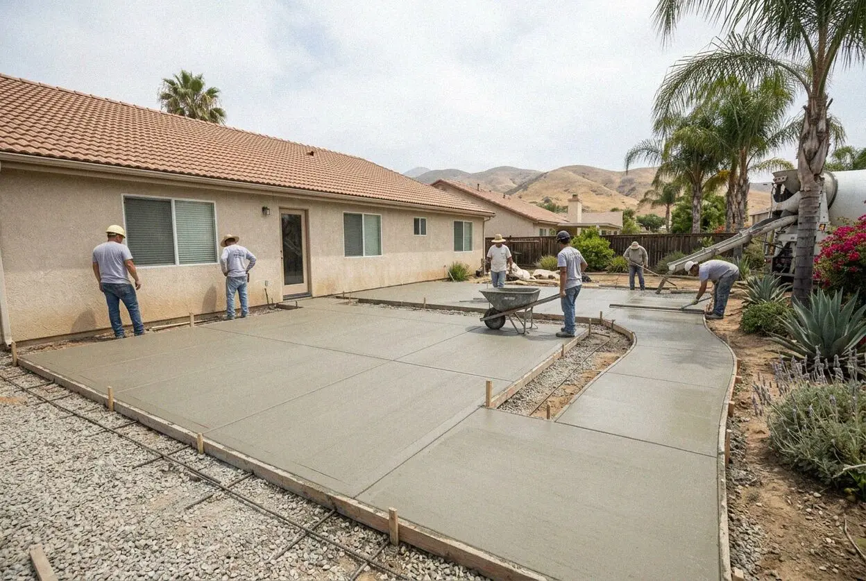 A new concrete patio behind an Ontario home, broom finished and jointed