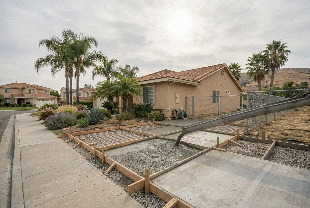 A driveway being replaced at a 1960s ranch house on a Placentia street
