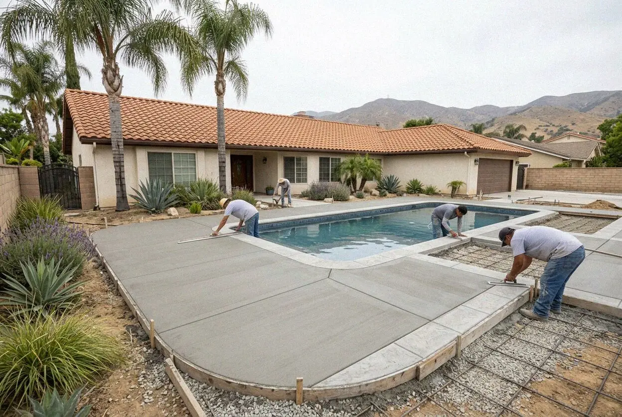 A light textured concrete pool deck being finished at an Ontario home