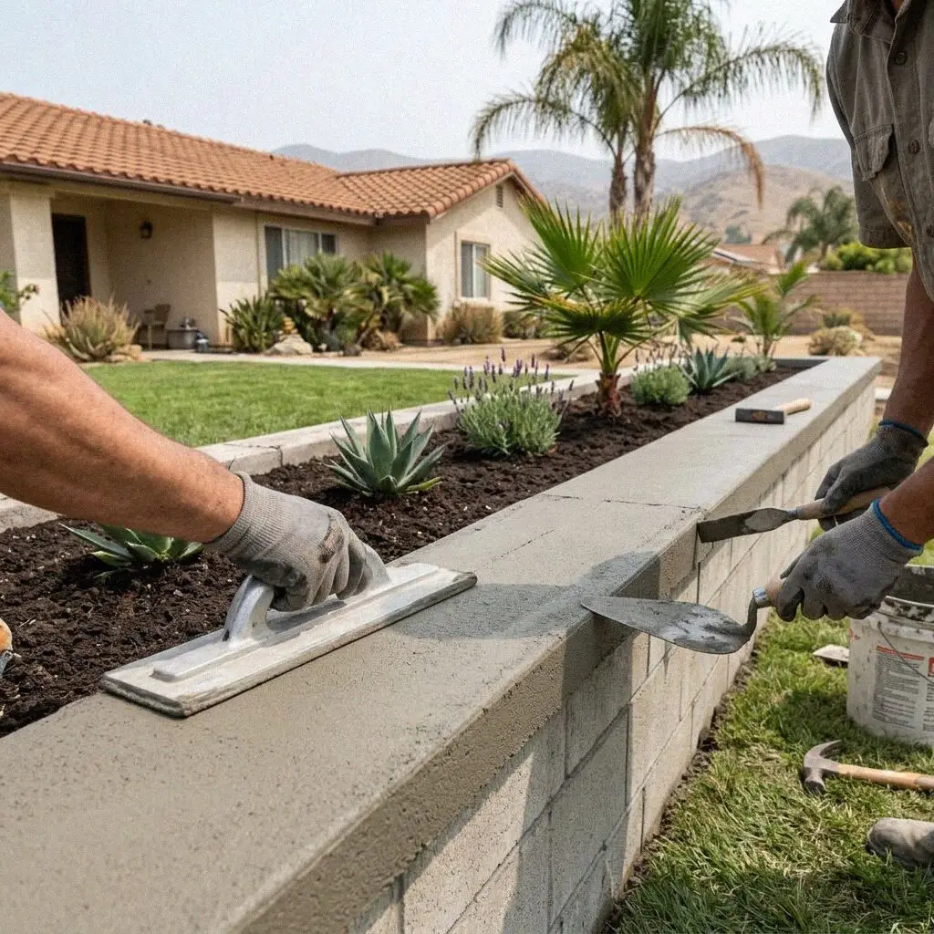A finished block retaining wall beside an Ontario driveway cut