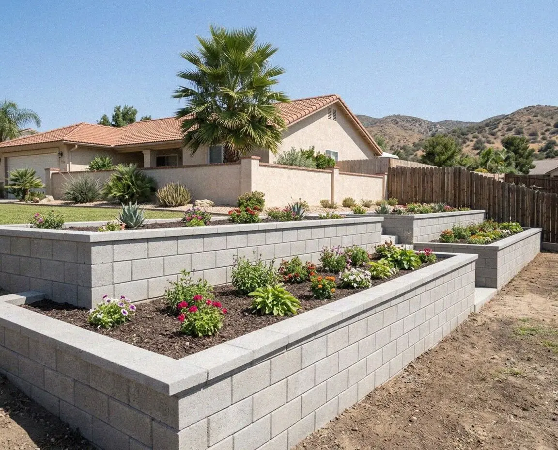 A block retaining wall holding a raised pad on an Ontario lot