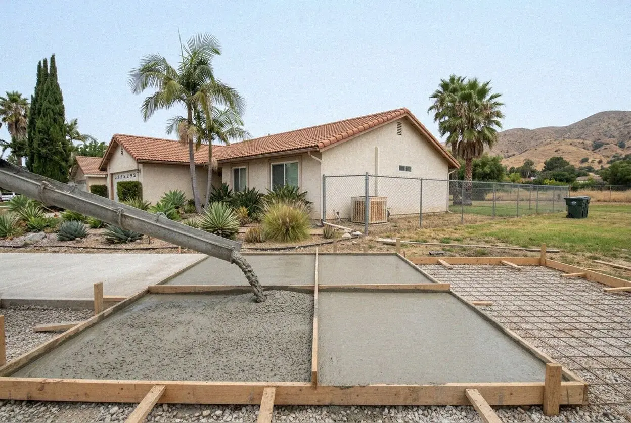 A concrete driveway being poured at a 1970s ranch house in San Dimas