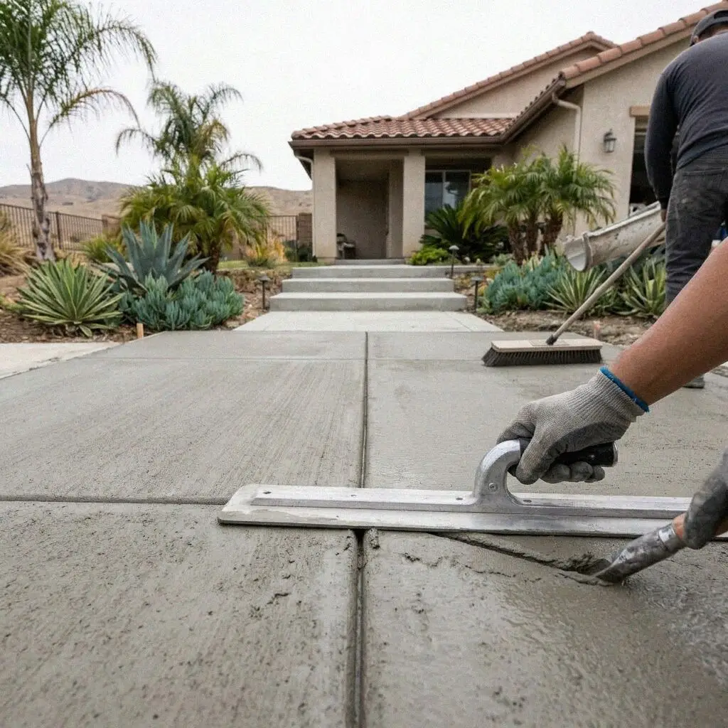 Ontario crew broom finishing a new sidewalk panel beside a parkway strip