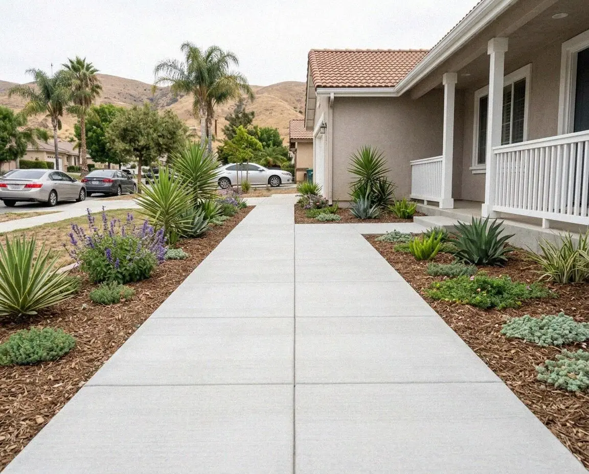 A replaced concrete sidewalk panel beside a street tree in Ontario, CA