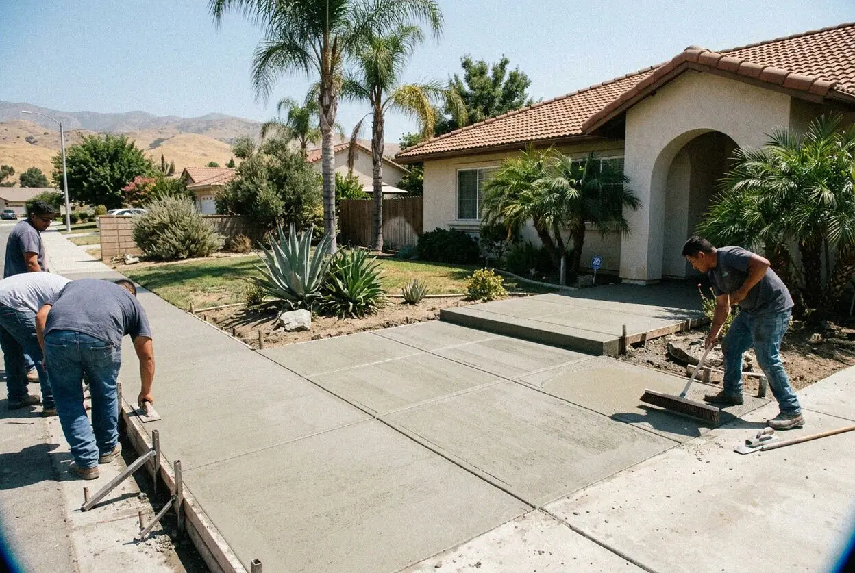 A crew replacing a public sidewalk panel on an Ontario, CA street