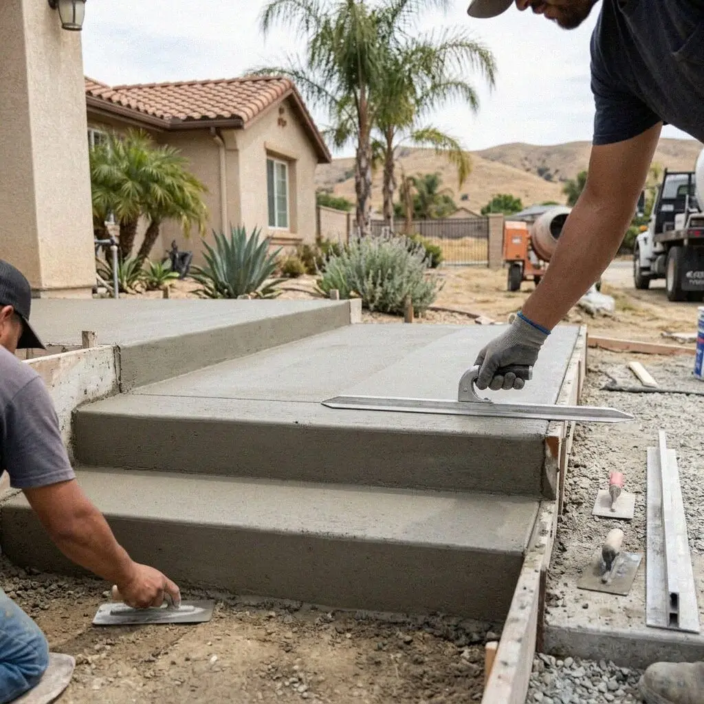 A poured concrete step flight and landing at an Ontario porch