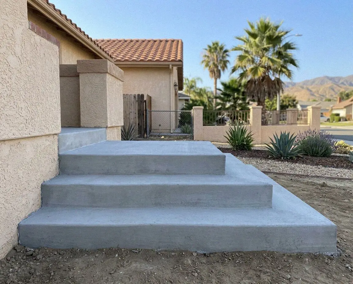 Newly poured concrete front steps with a handrail in Ontario