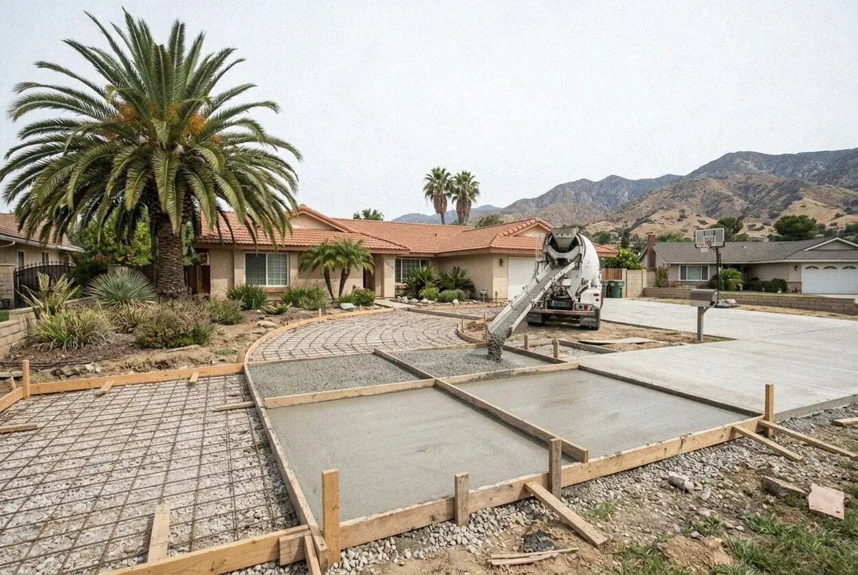 Concrete driveway being finished at a craftsman home in Upland, CA