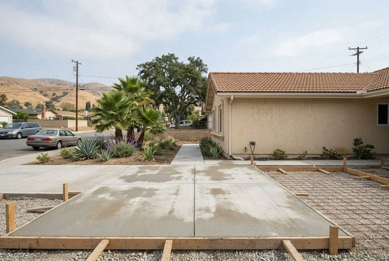 A concrete driveway being formed on a sloping 1980s street in Walnut