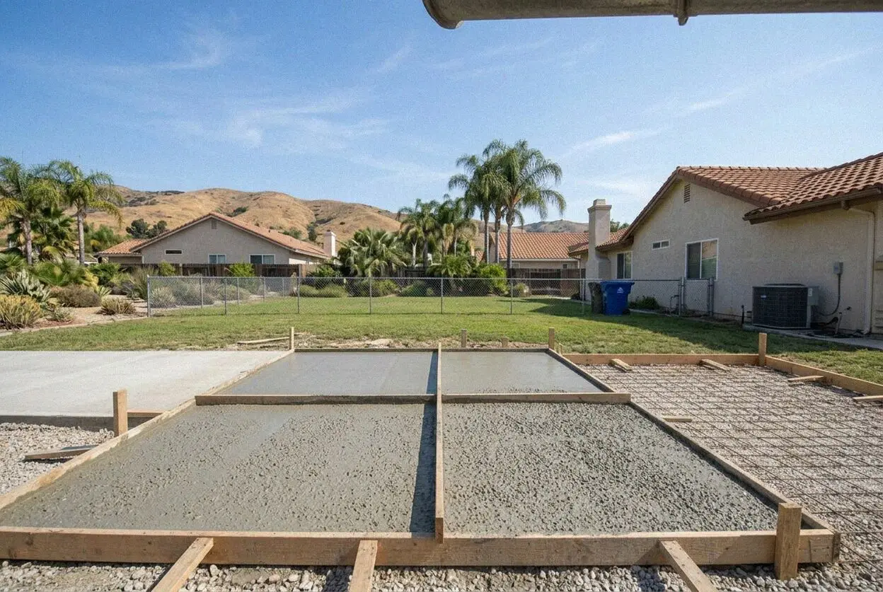 A concrete crew pouring a long driveway on a Yorba Linda, CA lot