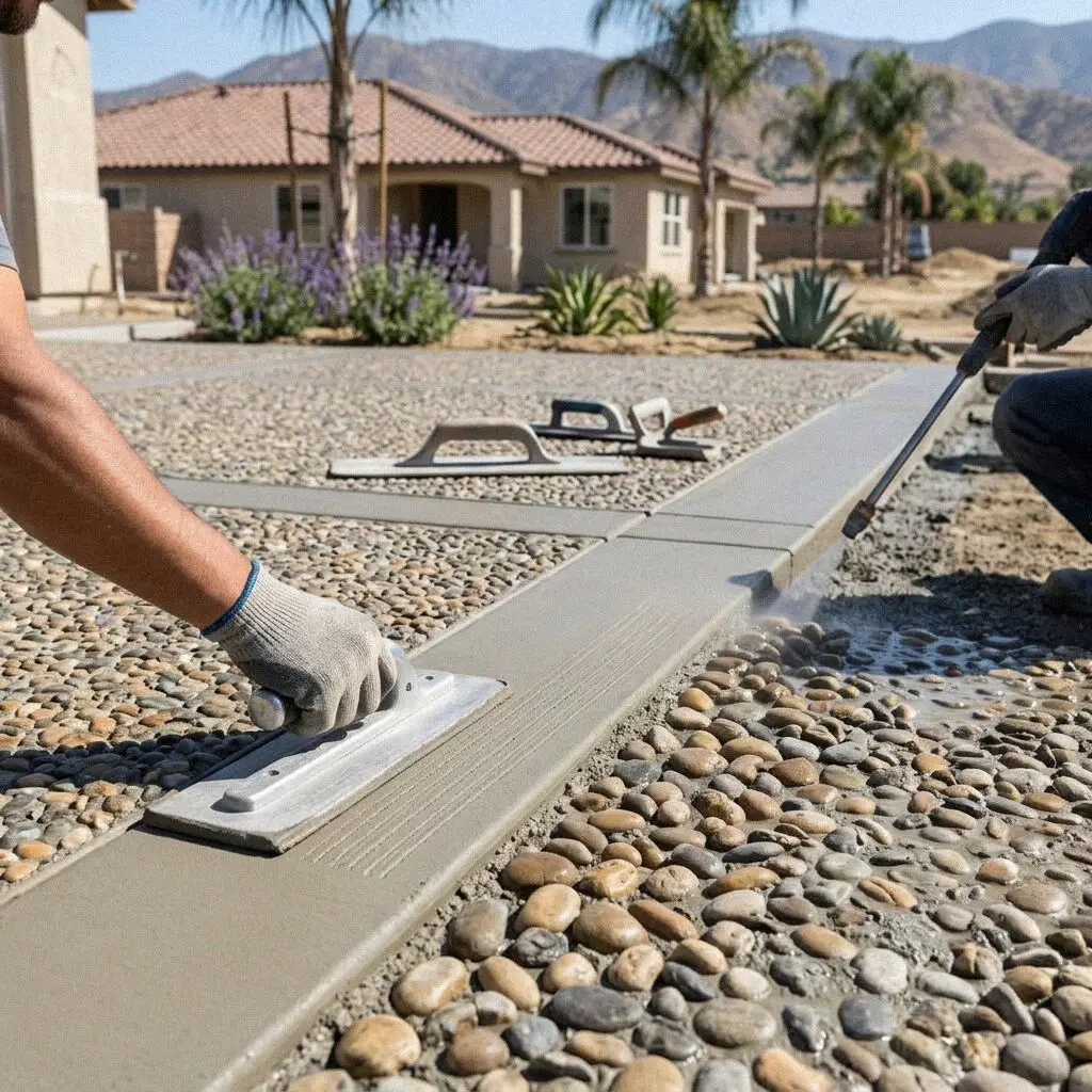 Crew acid-staining a concrete slab beside brick steps in Ontario, CA
