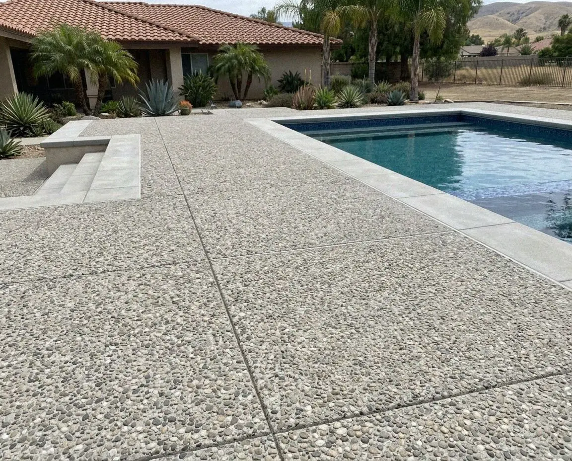 Stained and exposed aggregate concrete at an Ontario, CA home