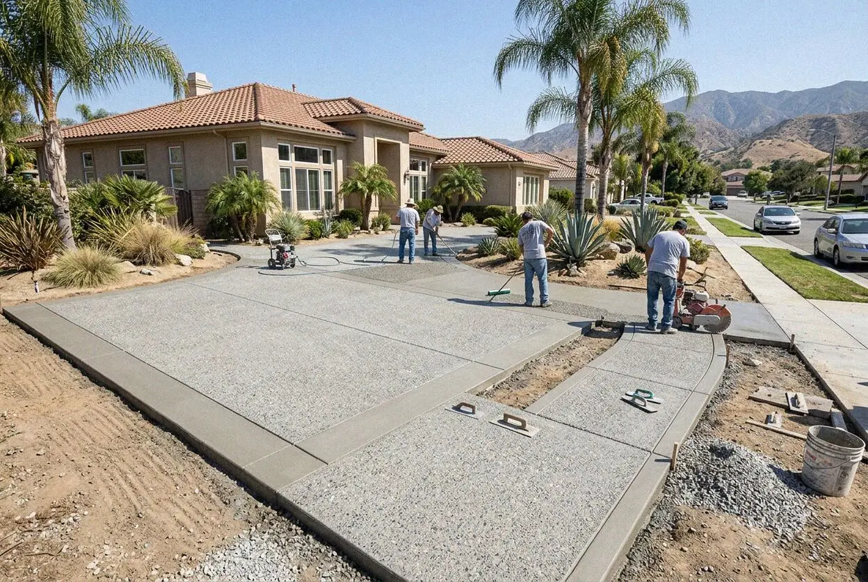 Stained concrete patio with scored borders at an Ontario, CA bungalow