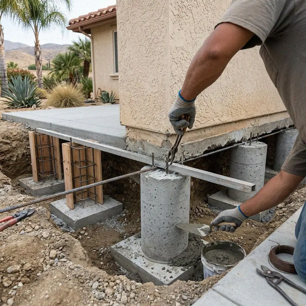 Steel beams and timber cribbing carrying a raised house in Ontario, CA