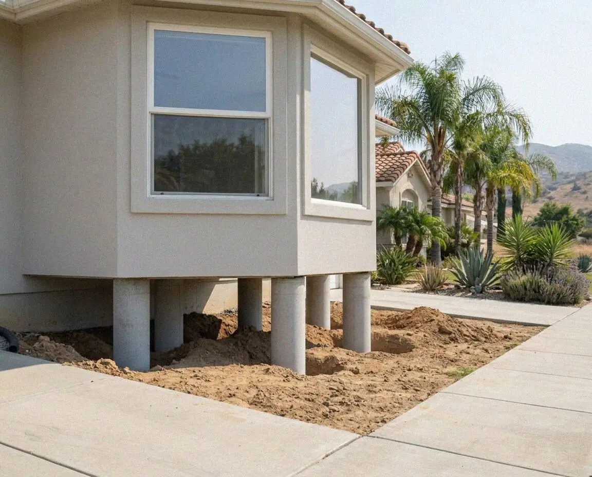 A house standing on cribbing over a newly poured foundation in Ontario, CA