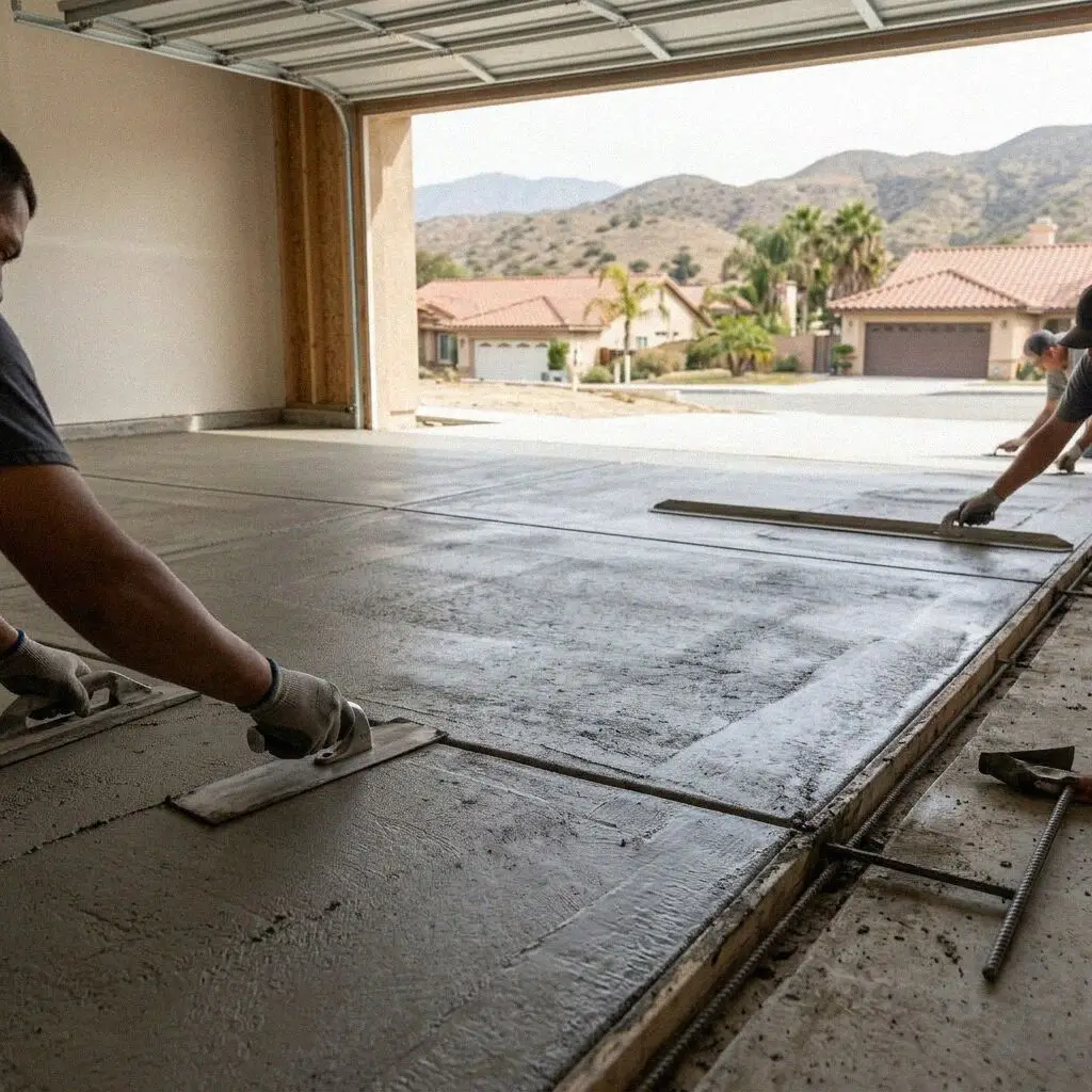 Crew screeding a garage floor slab inside a detached Ontario garage