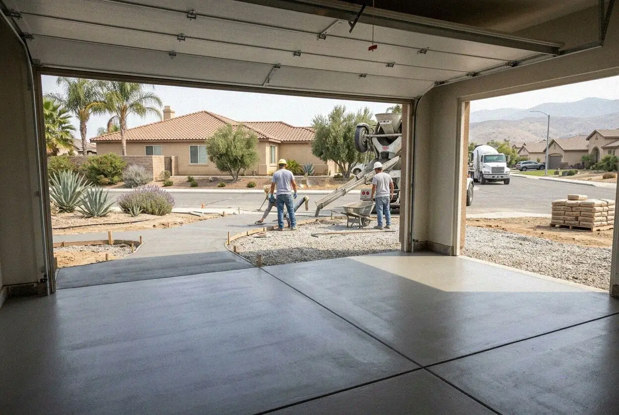 A new concrete garage floor slab being finished at an Ontario, CA home