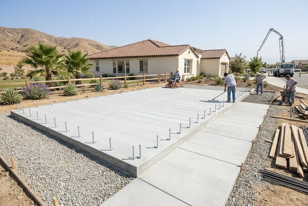 Crew placing a new slab foundation pour at a home site in Ontario, CA