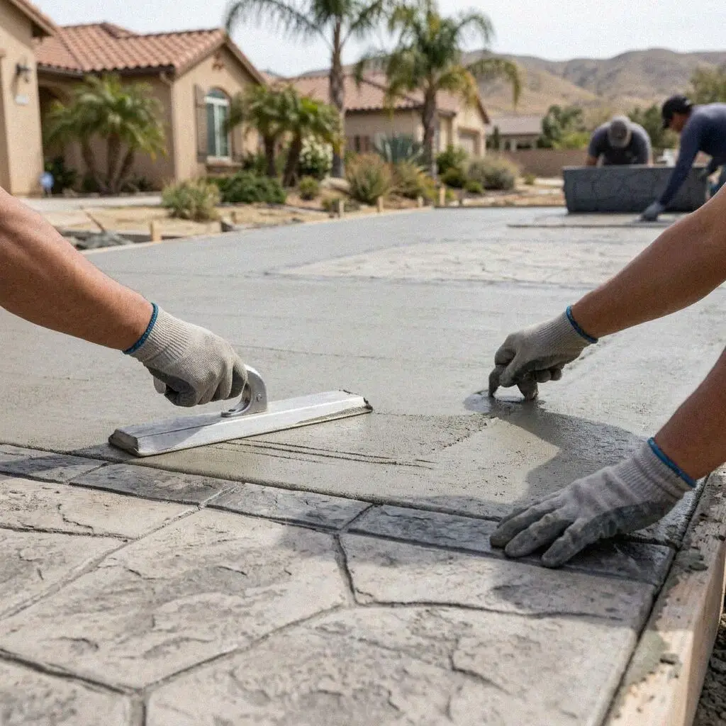 A stamped concrete patio at an Ontario, CA home, sealed and jointed