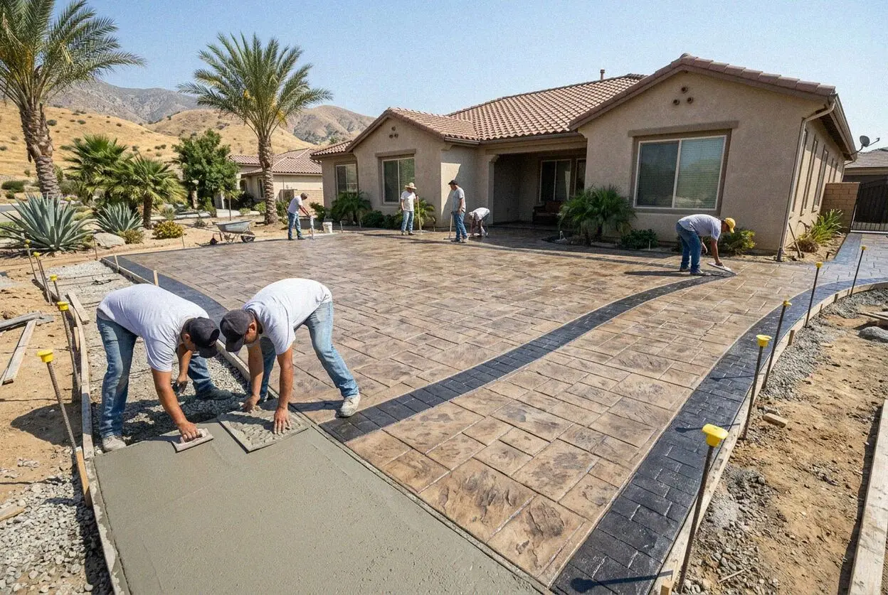 Crew stamping a pattern into a fresh concrete slab in Ontario, CA